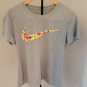 Nike Grey Tee with Pink, Yellow & Green Floral Swoosh